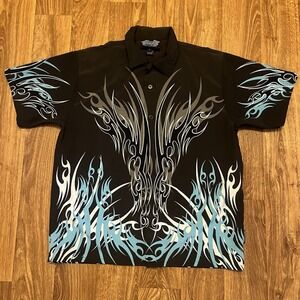 Vintage Flames Shirt Men Large Button‎ Down Loop Collar Silver Point Guy Fieri